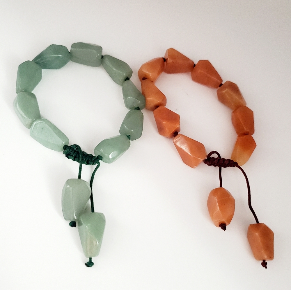Orange & Sage Aventurine Strung Beaded Bracelets 2pcs Faceted Geo Shape Stones